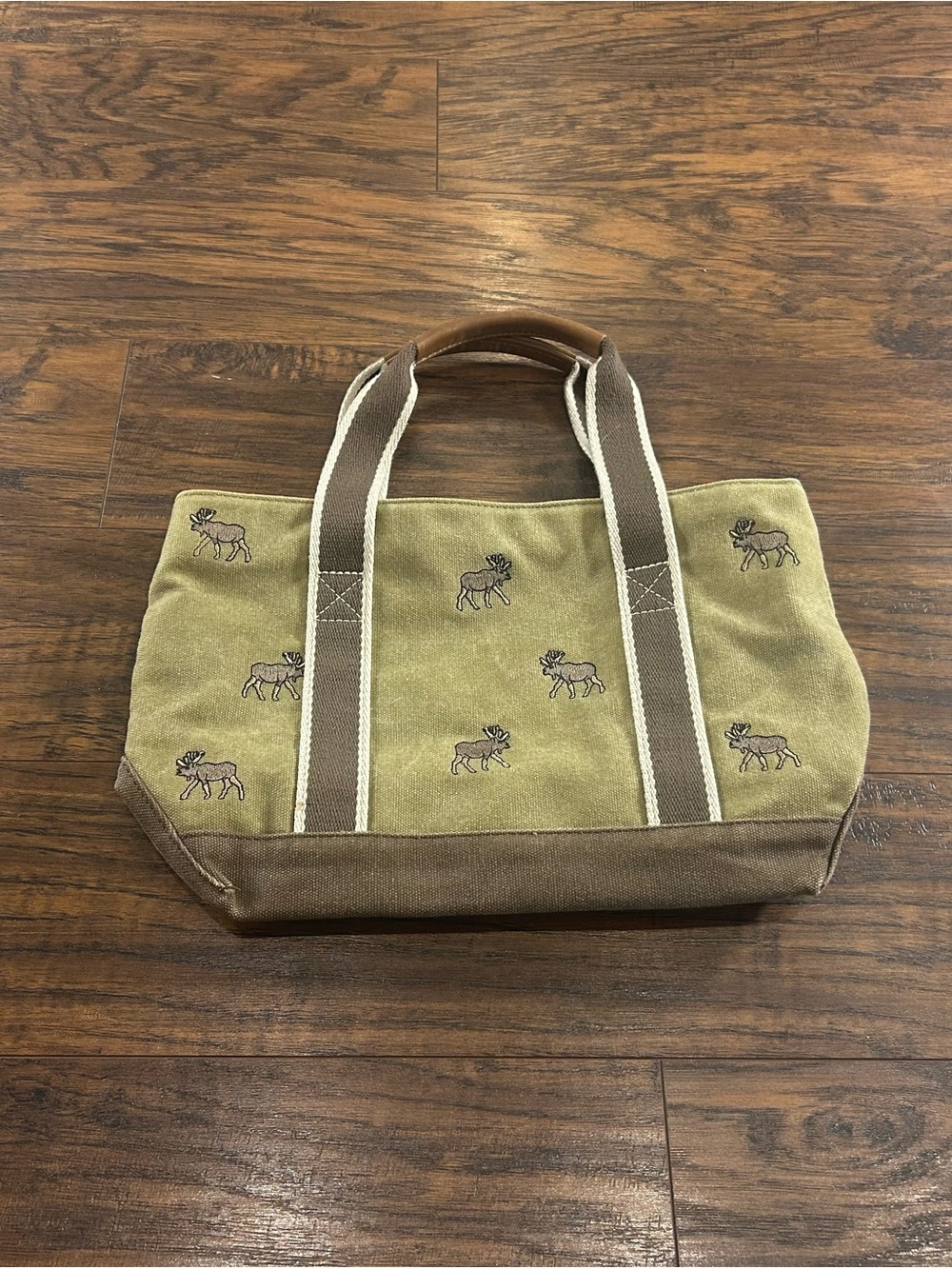 VINTAGE L.L.Bean Canvas Boat & Tote Moose Tan Brown Leather Trim Small Purse Bag - Picture 3 of 14